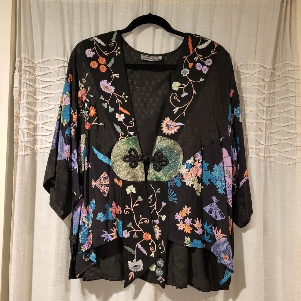 Embroidered Black Floral Kimono Jacket